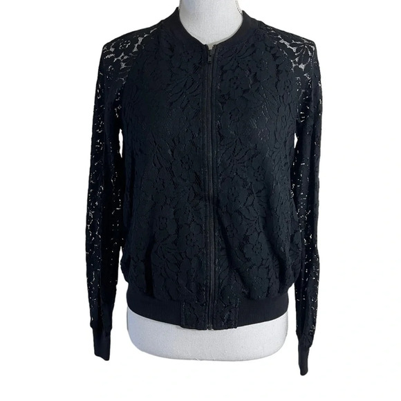French Connection Black Full Zip Lace Overlay Jacket Size 0 Long Sleeves Pockets - Picture 1 of 6
